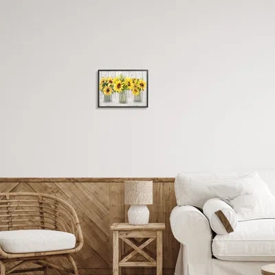 Stupell Industries Three Sunflower Bouquets Country Planks Still Life By Ziwei Li - Floater Frame Graphic Art On Canvas In Midnight Black Framed Giclee