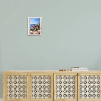 Stupell Industries Through Window View Seaside Flower Garden Scene By Ziwei Li - Picture Frame Painting On Wood In Blue;green;pink