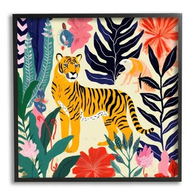 Stupell Industries Tiger & Abstract Creatures Single Picture Frame Print On Canvas In Midnight Black Framed Giclee