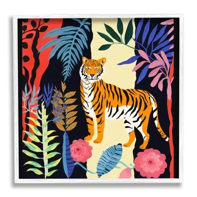 Stupell Industries Tiger & Cutout Plants Single Picture Frame Print On Canvas In Coastal White Framed Giclee