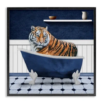 Stupell Industries Tiger In Blue Bathroom Framed Giclee Art By Marcus Prime In Midnight Black Framed Giclee