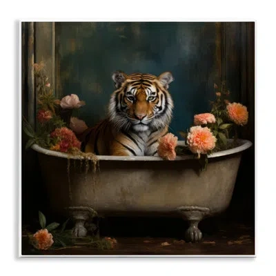 Stupell Industries Tiger In Floral Bathtub - No Frame Print On Wood In Brown;white;pink