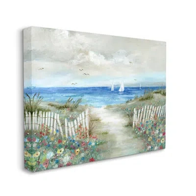 Stupell Industries Tranquil Beachside Flower Meadow Ocean Sailboats Scene By Nan - Floater Frame Painting On Canvas In Wrapped Canvas