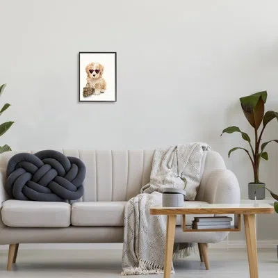 Stupell Industries Trendy Puppy With Purse Canvas Wall Art Design By Masey St. Studios In Midnight Black Framed Giclee