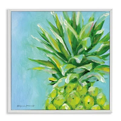 Stupell Industries Tropical Blue Pineapple Fruit By Stephanie Workman Marrott - Floater Frame Painting On Wood In Coastal White Framed Giclee