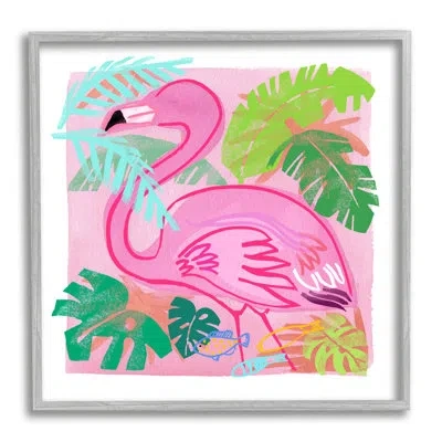 Stupell Industries Tropical Flamingo Bird Layered Fish Beach Leaves - Picture Frame Graphic Art On Wood In Farmhouse Gray Framed Giclee