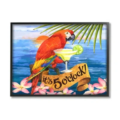 Stupell Industries Tropical Parrot With Cocktail Framed On Wood By David Sands Graphic Art In Midnight Black Framed Giclee