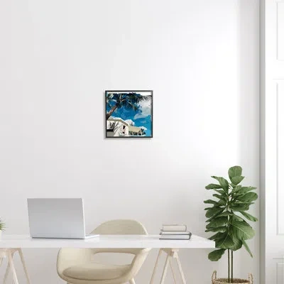 Stupell Industries Tropical Summer Cottage Girl Clear Blue Sky - Floater Frame Graphic Art On Canvas In Midnight Black Framed Giclee