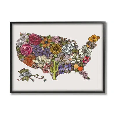 Stupell Industries United States Country Map Detailed Botanical State Flowers By Valentina Harper - Floater Frame Graph In Midnight Black Framed Giclee