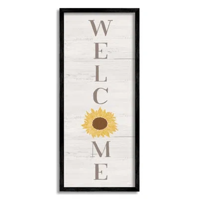 Stupell Industries Vertical Welcome Sign Rustic Sunflower Grain Pattern By Natalie Carpentieri - Floater Frame Graphic  In Midnight Black Framed Giclee