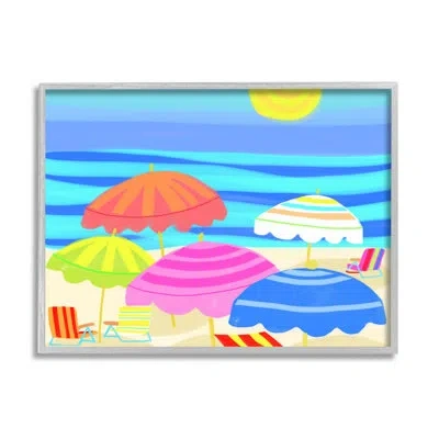 Stupell Industries Vibrant Sun Umbrellas Summer Beach Shore Scene By Maret Hensick - Picture Frame Graphic Art On Wood In Farmhouse Gray Framed Giclee