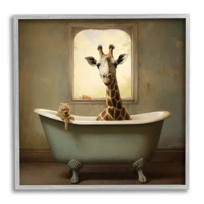Stupell Industries Vintage Giraffe In Tub Single Picture Frame Print On Canvas In Farmhouse Gray Framed Giclee