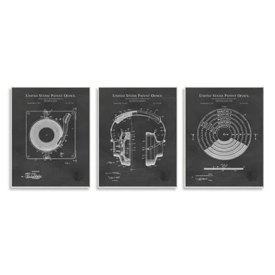 Stupell Industries Vintage Music Headphones Record Player Turntable Blueprint   By Karl Hronek In Wrapped Canvas