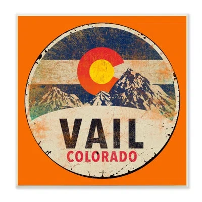Stupell Industries Vintage Vail Colorado Pendant Snowy Mountains Bold Orange Black Framed Giclee Texturized Art By Jim  In Wood