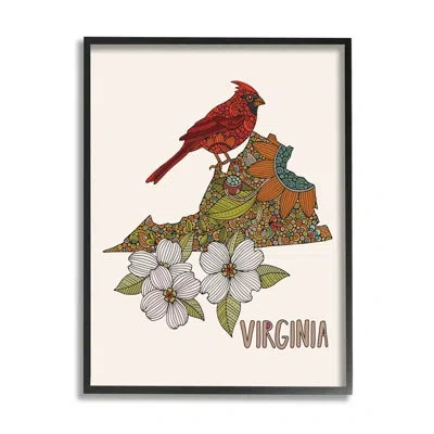 Stupell Industries Virginia Cardinal Bird Intricate Dogwood Floral Pattern By Valentina Harper - Floater Frame Graphic  In Midnight Black Framed Giclee