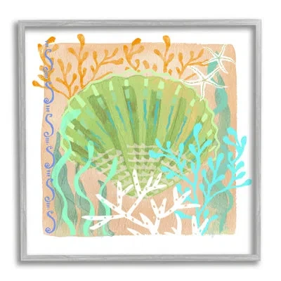 Stupell Industries Vivid Coral Overlay Beach Seashell Watercolor Pattern - Picture Frame Painting On Wood In Farmhouse Gray Framed Giclee