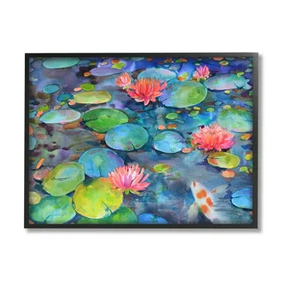 Stupell Industries Vivid Pond Lily Lotus Blossom Koi Fish Pond - Picture Frame Painting On Wood In Midnight Black Framed Giclee