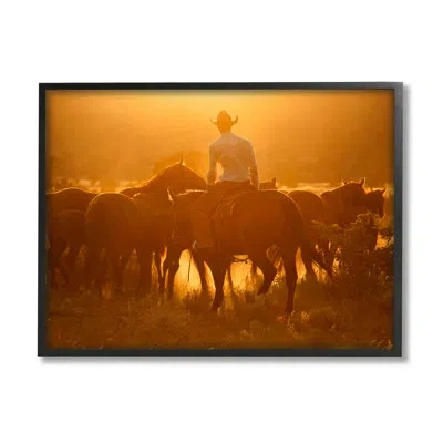 Stupell Industries Warm Sunlit Cowboy Riding Horse Rural Ranch By Lisa Dearing - Floater Frame Photograph On Canvas In Midnight Black Framed Giclee