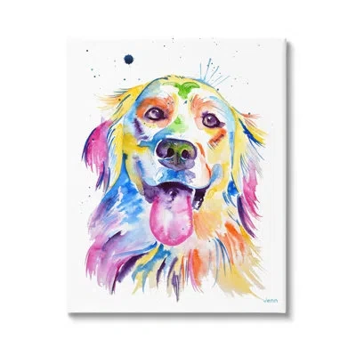 Stupell Industries Watercolor Style Happy Dog Face Canvas Wall Art By Jen Seeley In Blue;yellow;pink