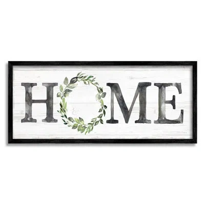 Stupell Industries Weathered Pattern Home Sign Botanical Wreath Greenery - Floater Frame Graphic Art On Canvas In Midnight Black Framed Giclee