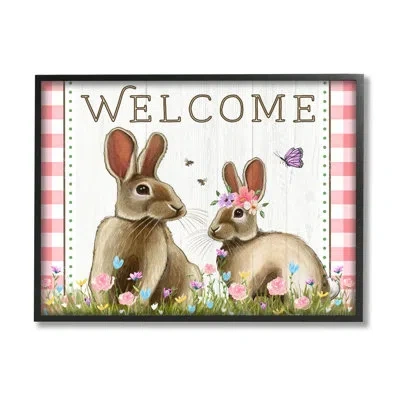 Stupell Industries Welcome Plaid Spring Garden Rabbits By Elizabeth Tyndall - Floater Frame Graphic Art On Wood In Midnight Black Framed Giclee