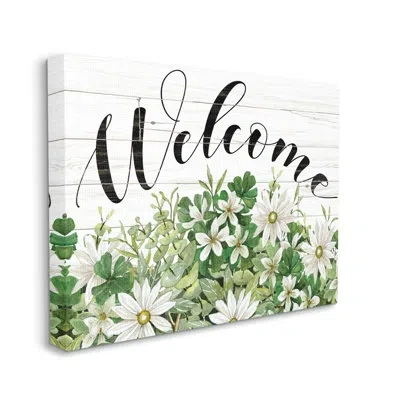 Stupell Industries Welcome Rustic Planked Sign White Flower Blossoms By Cindy Jacobs - Floater Frame Graphic Art On Can In Wrapped Canvas