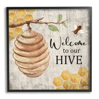 Stupell Industries Welcome To Our Hive Honeycomb Pattern - Floater Frame Graphic Art On Wood In Midnight Black Framed Giclee