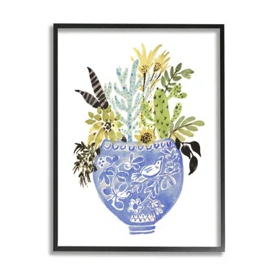 Stupell Industries Whimsical Botanicals Ornate Planter By Karen Fields - Floater Frame Painting On Wood In Midnight Black Framed Giclee