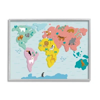 Stupell Industries Whimsical Wildlife World Map By Dominika Godette Single Picture Frame Print On Canvas In Farmhouse Gray Framed Giclee