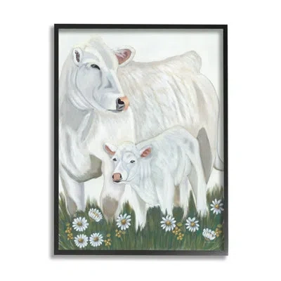 Stupell Industries White Cattle Family Mother Baby Calf Daisy Meadow By Ashley Justice - Floater Frame Painting On Canv In Midnight Black Framed Giclee