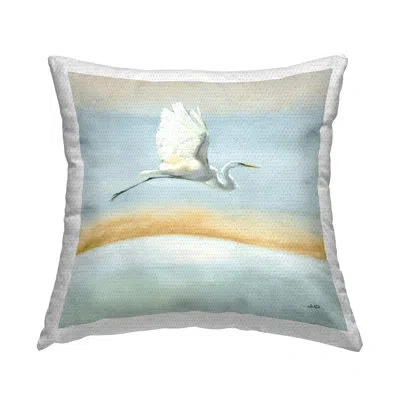 Stupell Industries White Egret Bird Flying Over Ocean Shore Outdoor Printed Pillow By Julia Purinton In Blue;brown;white