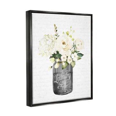 Stupell Industries White Flower Blossoms Laundry Jar Fancy Script By Lettered And Lined - Floater Frame Print On Canvas In Jet Black Floater Frame