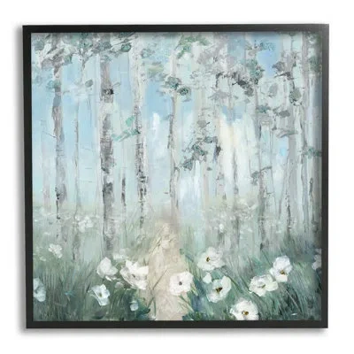 Stupell Industries White Flowers Blooming Forest Birch Trees Scenery - Floater Frame Painting On Wood In Midnight Black Framed Giclee