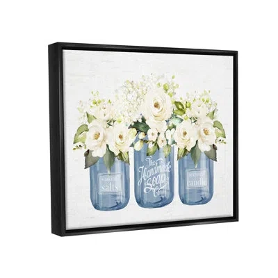 Stupell Industries White Rose Flower Bouquets Blue Farmhouse Jars By Lettered And Lined - Floater Frame Rectangle Print In Jet Black Floater Frame