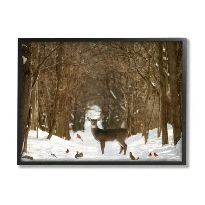 Stupell Industries Wild Forest Animals Gathered Amidst Snowy Trees - Floater Frame Photograph On Canvas In Midnight Black Framed Giclee