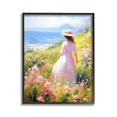 Stupell Industries " Woman & Scenic Beach Single Picture Frame " By Rb On Canvas In Midnight Black Framed Giclee