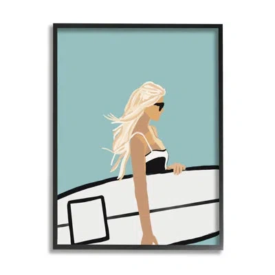 Stupell Industries Woman Carrying Surf Board Windblown Beach Hair By Amelia Noyes - Floater Frame Graphic Art On Wood In Midnight Black Framed Giclee