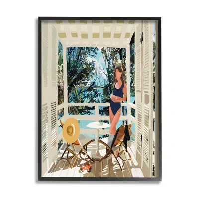 Stupell Industries Woman Coastal Beach Canopy Summer Ocean Scene By Amelia Noyes - Floater Frame Graphic Art On Wood In Midnight Black Framed Giclee
