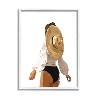 Stupell Industries Woman Draped Sun Hat Tropical Summer Vacation By Amelia Noyes - Floater Frame Graphic Art On Wood In Coastal White Framed Giclee