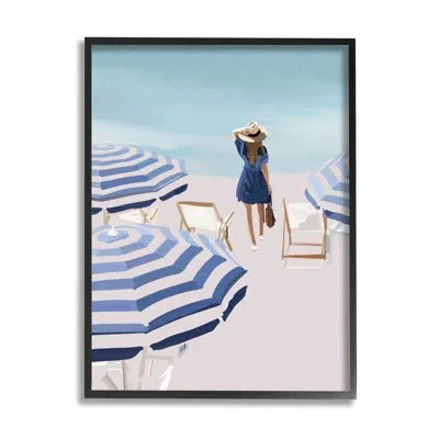 Stupell Industries Woman Enjoying Beach Shore Umbrellas Coastal Scene By Amelia Noyes - Floater Frame Painting On Wood In Midnight Black Framed Giclee