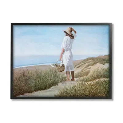 Stupell Industries Woman Enjoying Peaceful Beach Shore Landscape View By Tom Mielko - Floater Frame Graphic Art On Canv In Midnight Black Framed Giclee