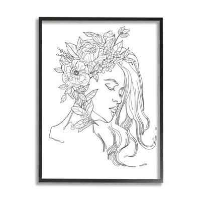 Stupell Industries Woman Face Detailed Blossoming Flowers Line By Ziwei Li - Floater Frame Drawing Print On Wood In Midnight Black Framed Giclee