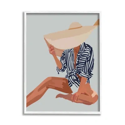 Stupell Industries Woman Obscured By Sun Hat Summer Beach Portrait By Amelia Noyes - Floater Frame Painting On Wood In Coastal White Framed Giclee