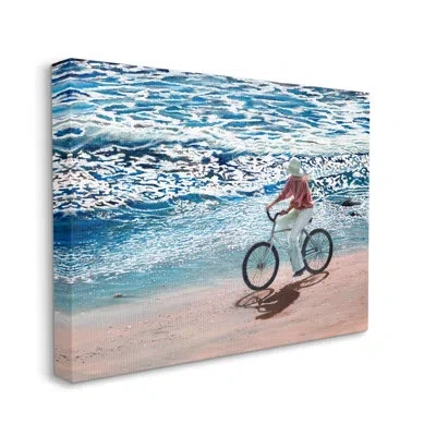 Stupell Industries Woman Riding Bicycle Coastal Beach Shoreline Landscape By Tom Mielko - Floater Frame Painting On Can In Wrapped Canvas
