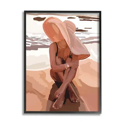 Stupell Industries Woman Sitting Enjoying Ocean Shore Summer Beach By Amelia Noyes - Floater Frame Graphic Art On Wood In Midnight Black Framed Giclee