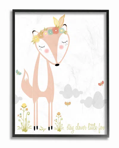 Stupell Peach Floral And Feathered Stay Clever Little Fox By Karen Zukowski (finny And Zook) Framed Art