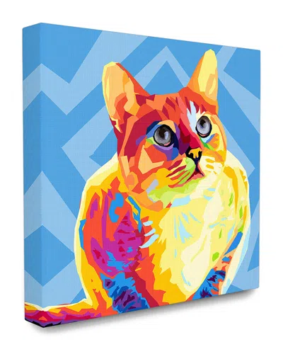 Stupell Home Decor Collection Vibrant Abstract Posterized Rainbow Cat With Blue Pattern Background