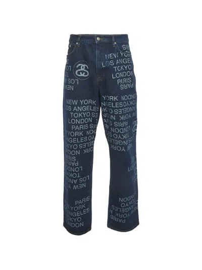 Pre-owned Stussy Big Ol' City Link Print Baggy Jeans In Blue