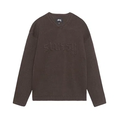 Pre-owned Stussy Embroidered V Neck Logo Sweater 'brown'