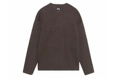 Pre-owned Stussy Embroidered V-neck Logo Sweater Brown